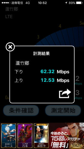 台北市内へ移動途中の遠傳電信の速度